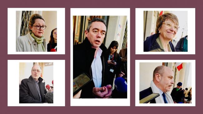En haut, Diane Milleron-Deperrois (Medef), Yvan Ricordeau (CFDT) et Christelle Thieffine (CFE-CGC); en bas, Denis Gravouil (CGT) et Léonard Guillemot (CFTC) © Marie-Aude Grimont