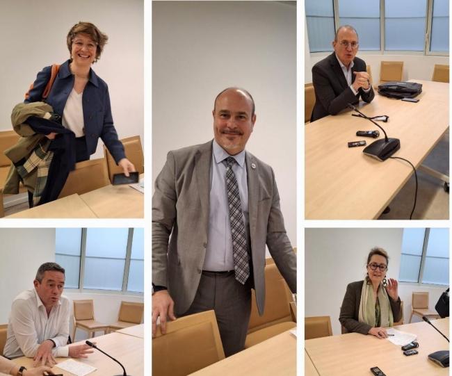 De gauche à droite, en haut, Christelle Thieffinne (CFE-CGC), Eric Chevée (CPME),; en bas Yvan Ricordeau (CFDT), Diane Milleron-Deperrois (Medef); au centre, Léonard Guillemot (CFTC)