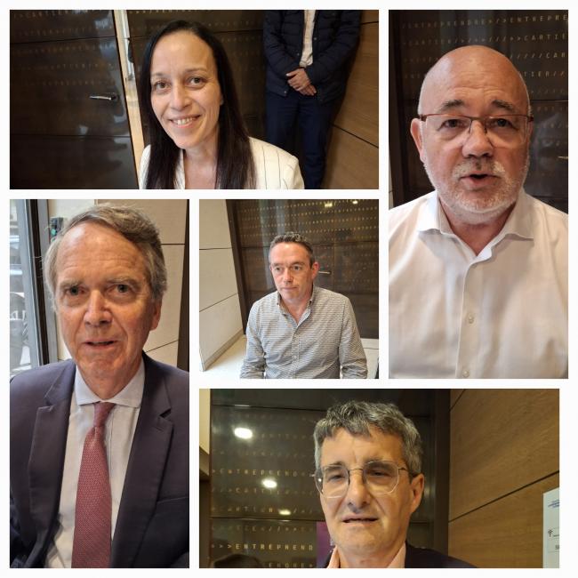 De gauche à droite, en haut, Aline Mougenot (CFTC), Michel Beaugas (FO) ; en bas, Hubert Mongon (Medef), Yvan Ricordeau (CFDT) et Jean-François Foucard (CFE-CGC)