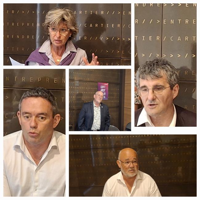 De gauche à droite, Sandrine Mourey (CGT), Jean-François Foucard (CFE-CGC), Yvan Ricordeau (CFDT), Maxime Dumont (CFTC) et Michel Beaugas (FO)