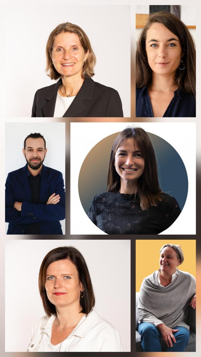De gauche à droite ;en haut, Laurence Allois (Unitex), Camille Marion-Vigne (WecaMeca); au milieu, Brice Ben-Ahmed (Sigvaris), Adélaïde Defond (Mathelin); en bas, Mélanie Schmitt (Unitex), Séverine du Verdier (Cohésion international)