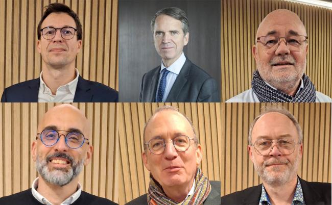 De gauche à droite: en haut, Olivier Guivarch(CFDT), Hubert Mongon (Medef), Michel Beaugas (FO); en bas, Frédéric Belouze (CFTC), Eric Chevée (CPME) et Denis Gravouil (CGT)