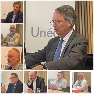 Les chefs de file de la négociation, le 9 avril 2026, au siège de l'Unédic © DR